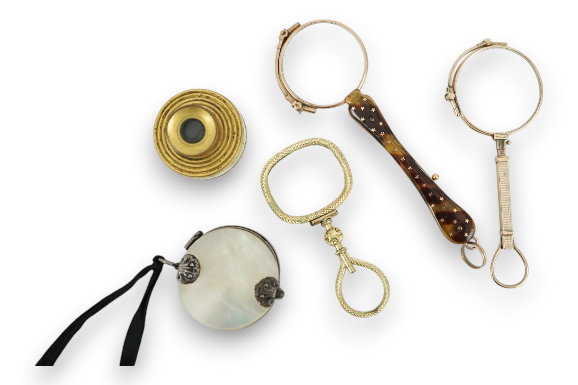 A 19th century mother of pearl and white metal mounted folding double magnifying glass, 40mm, two yellow metal mounted lorgnettes including Hamblin, London, a spy glass and a mother of pearl mounted gilt metal monocular.